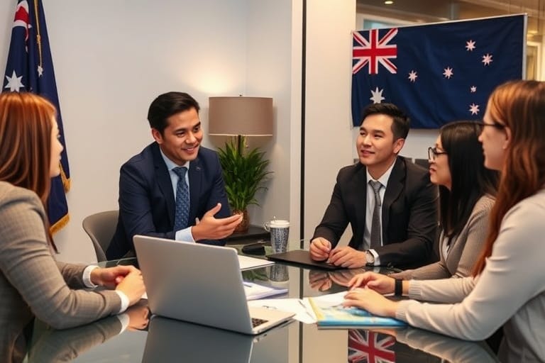 Migration consultants reviewing visa documents and immigration strategies
