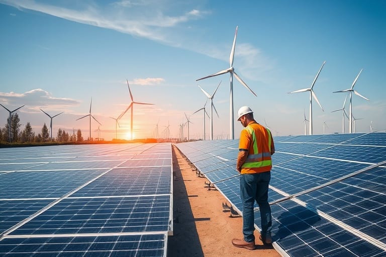 Renewable energy transformation projects with solar panels and wind turbines