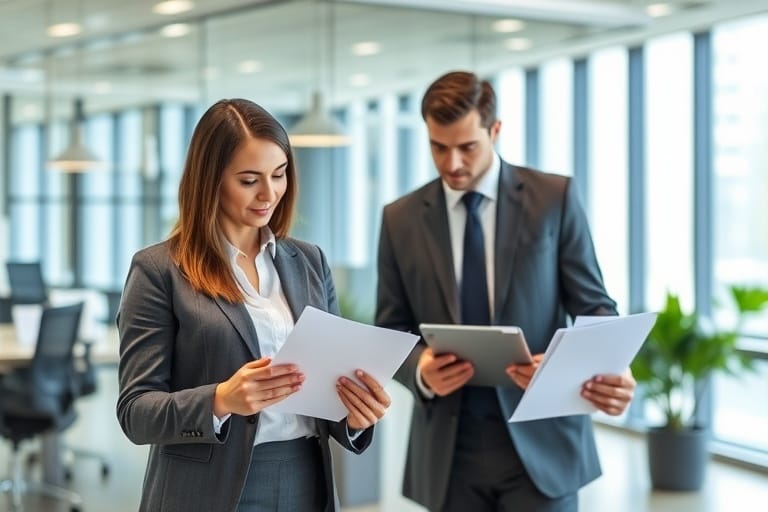 Registered migration consultants reviewing visa documents and immigration paperwork