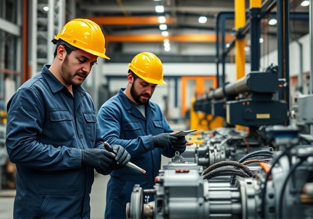 Industrial fitters and mechanical workers in a modern workshop environment