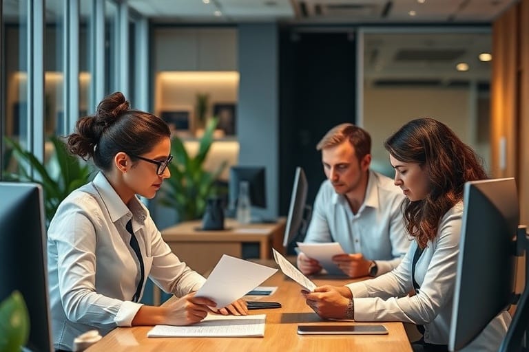 Migration agents and visa processing specialists at work in a modern Australian office