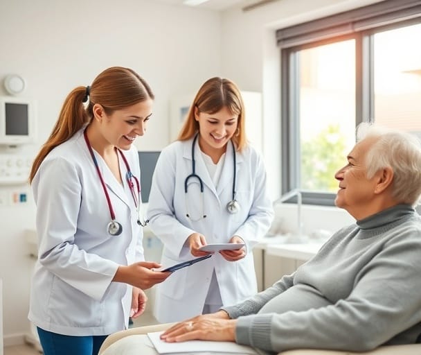 Healthcare professionals providing care in a modern aged-care facility