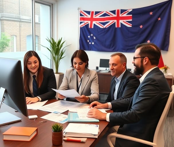 Migration agents and visa processing team working with applications in a modern office