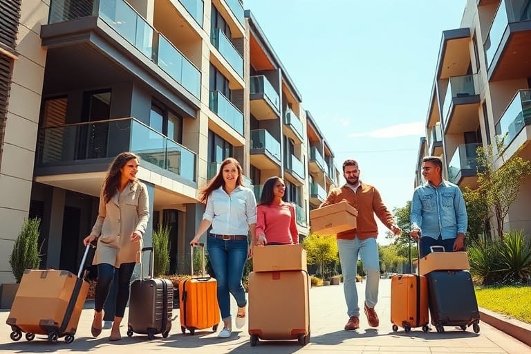A family with luggage and moving boxes arriving at a modern Australian apartment building